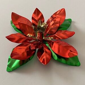 Metal Metallic Red and Green Poinsettia Single Taper Candle Holder 9”